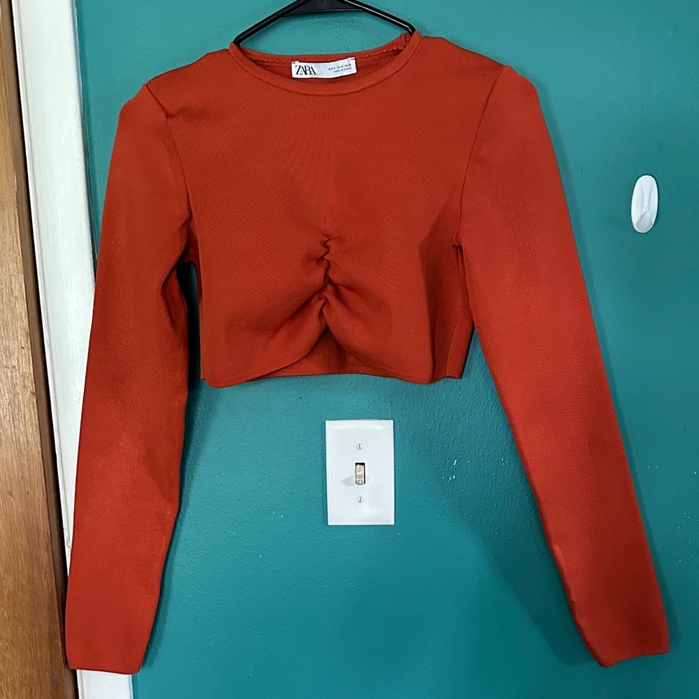 Zara Orange Long Sleeve Ruched Crop Top
